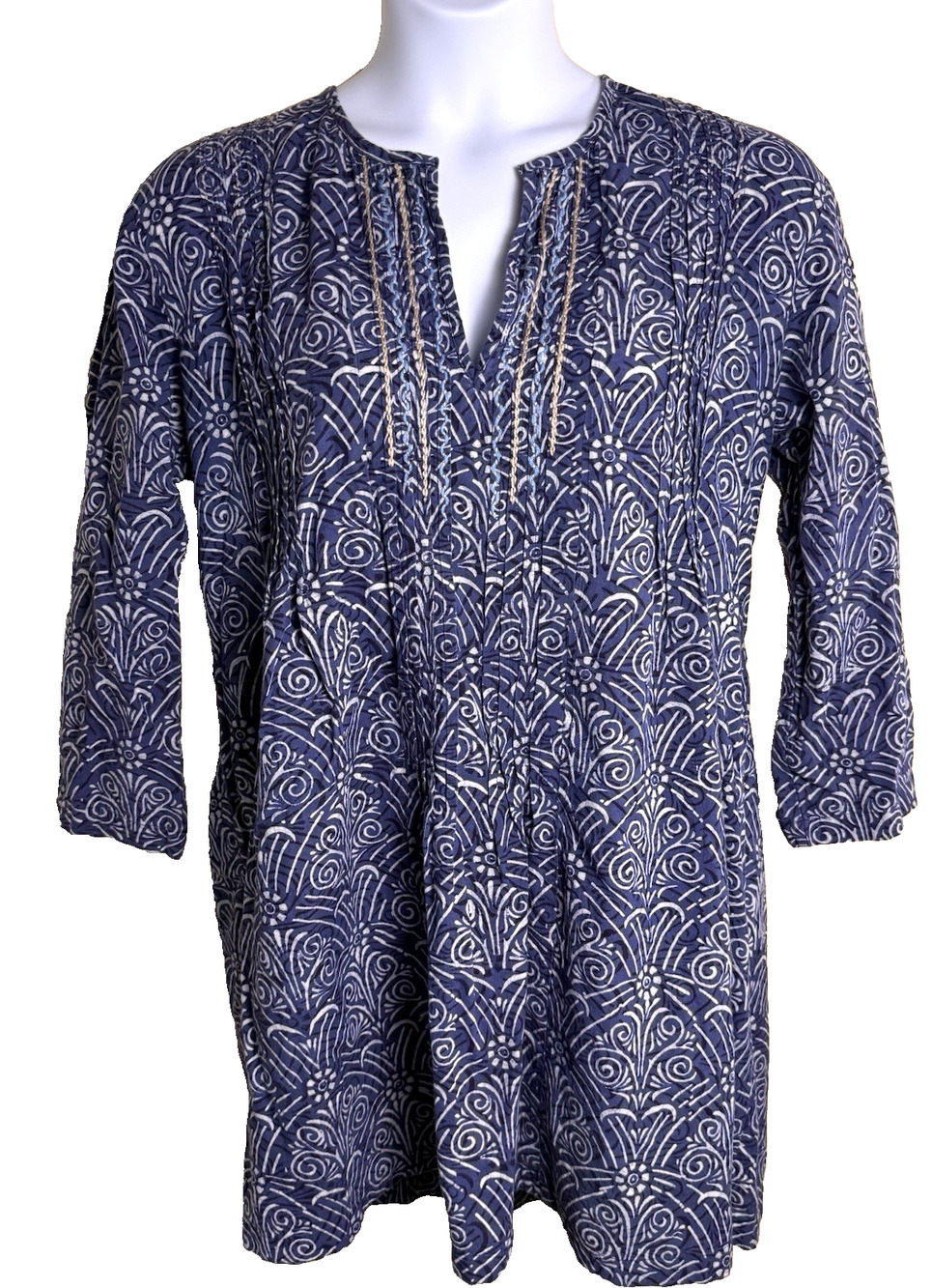 MarketPlace Handwork of India Cotton Tunic Blouse Large Blue block Print Boho